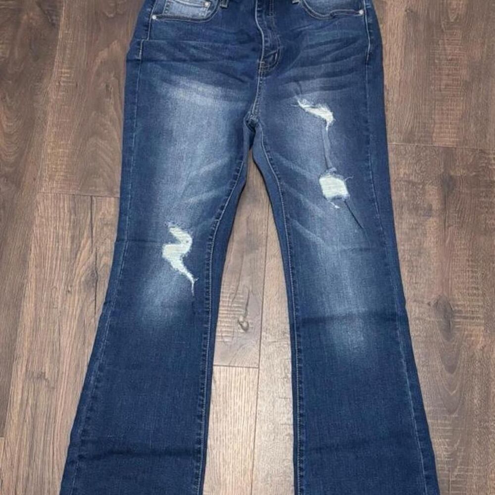 Y2K Distressed Flare Jeans Medium Wash Ripped Knee Denim Retro Size 7